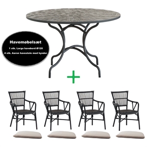 Havemøbelsæt Largo bord Ø120 og 4 Aaron havestole med hynder - STÆRK PRIS 